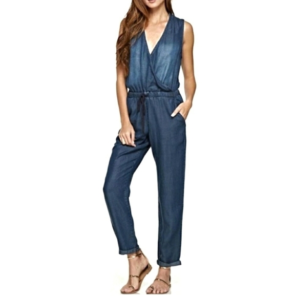 LOVESTITCH Chambray Denim Romper Sleeveless V-neck Crossover Small Blue Jean - Picture 10 of 12